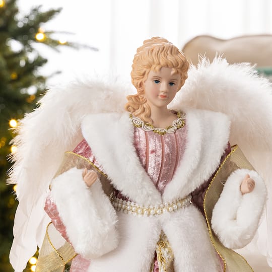 Glitzhome® 18" Faux Fur & PVC Deluxe Pink Christmas Angel Tree Topper with Porcelain Face